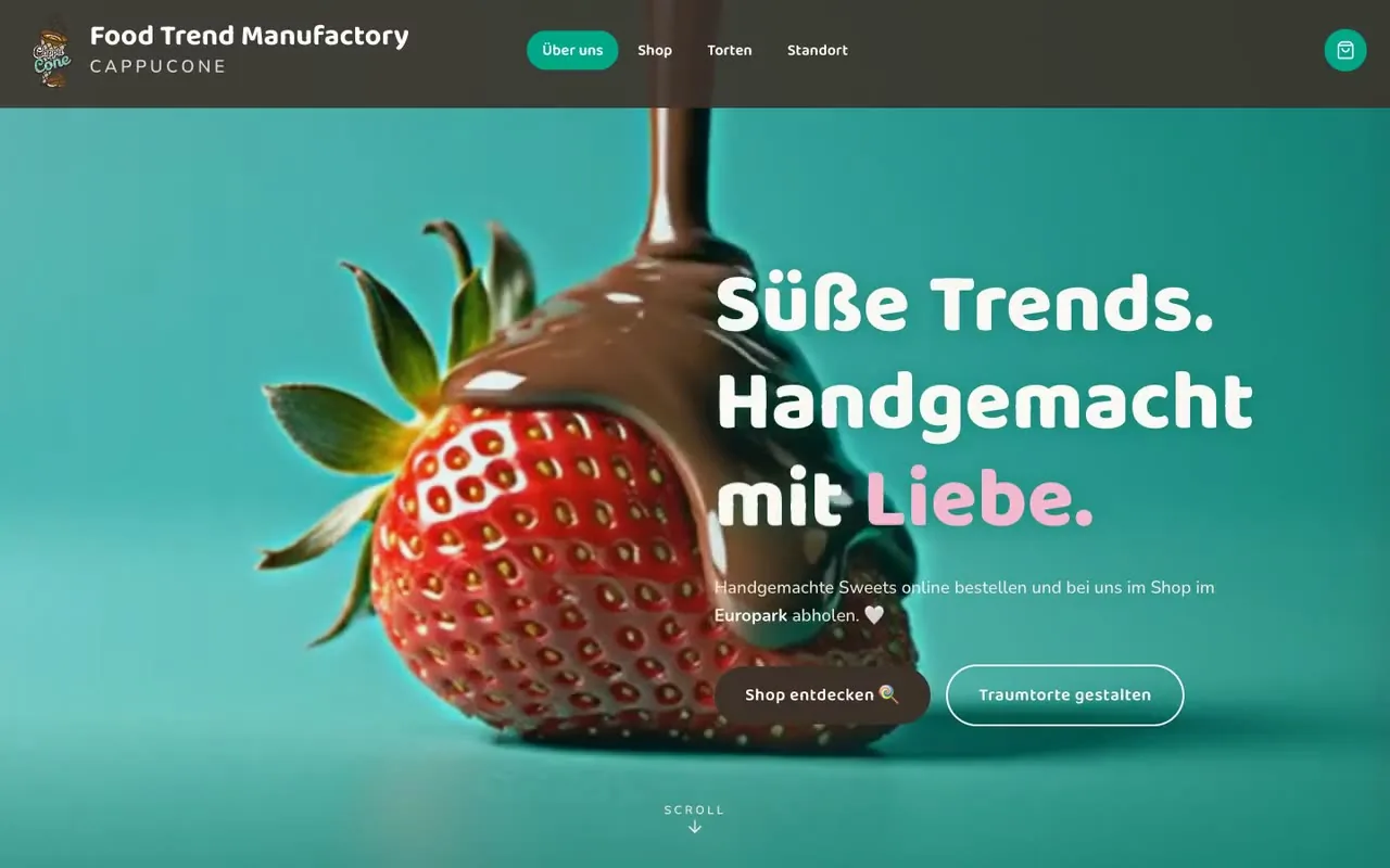 Food Trend Manufactory: die Startseite mit der Erdbeere, über die Schokolade läuft